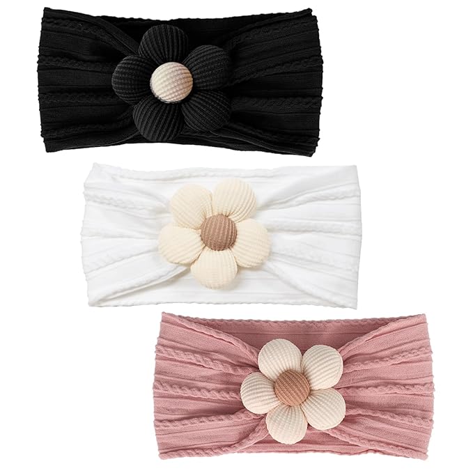 MIUXUESO 3 Pcs Baby Flower Headbands Baby Girls Nylon Headband Soft Hairbands Hair Accessories for Newborn Infant Toddler Kids (White Black Pink)