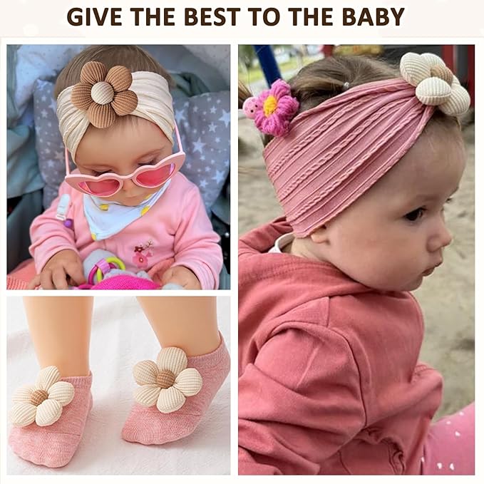 KEAINVRN Baby Girl Headbands and Socks,Non-Slip Grips Socks Flower Soft Hairbands Hair Accessories for Infant Toddler Kids (US, Age, 6 Months, 12 Months, pink beige)