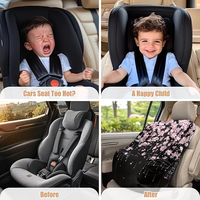 Baby Car Seat Sun Shade Cover, Infant Auto Seats Heat Protector Keeps Baby's Carseat at Cooler Temperature, Blocks Out Heat & Sun UV Covers, Universal Baby Travel Accessories, Cherry Blossom