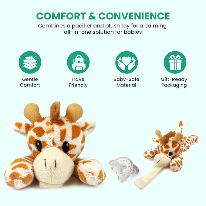 Detachable Pacifier Holder – Silicone Pacifier with Stuffed Animal – Removeable Baby Pacifier Holder for Cuddling with Comfort, (Giraffe)