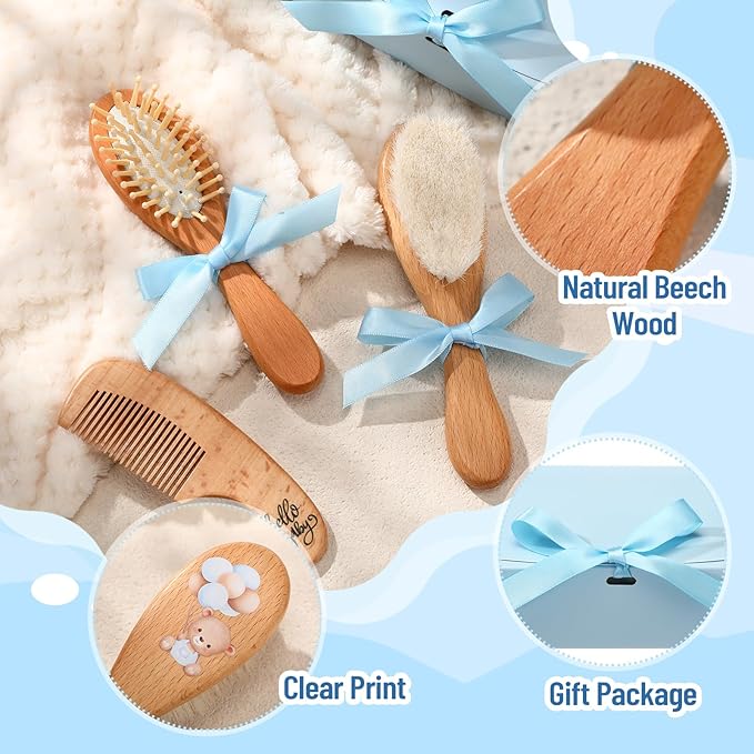 Teenyyou 3 Pcs Baby Hair Brush and Comb Set for Newborn Baby Grooming Kit with Gift Box Wooden Toddler Cradle Cap Brush with Soft Bristle for Boys and Girls Newborn Showers Registries Gift
