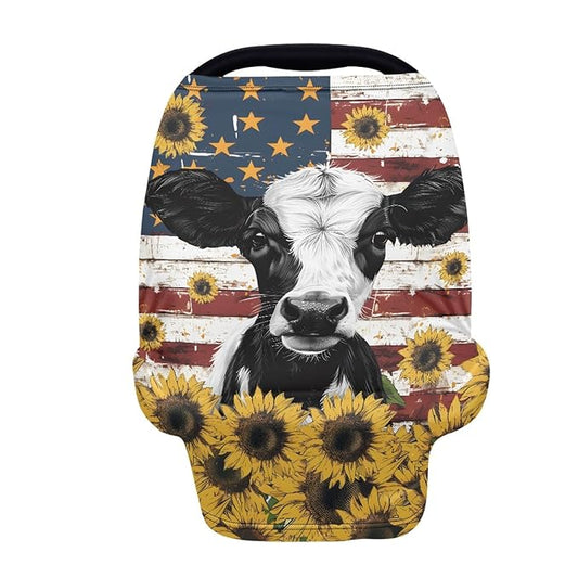Wanyint US Flag Cow Print Car Seat Covers for Babies Car Seat Canopy for Boys Girls,Windproof Infant Carseat Canopy Cover Nursing Cover for Breastfeeding