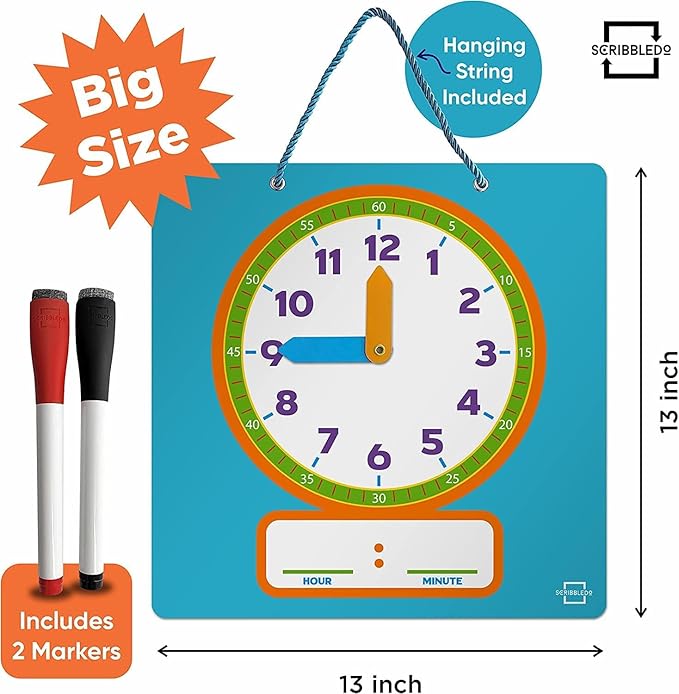 Scribbledo Writable Dry Erase Learning Clock for Kids Write & Wipe Demonstration Clock for Kids Learning to Tell Time Classrooms and Homeschool Supplies