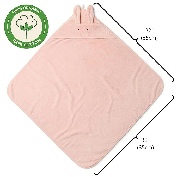 Hooded Baby Towel - 100% Organic Cotton Baby Bath Towels – Baby Towels, Baby Bath Towels for Baby Girl, 32" x 32" Super-Soft and Absorbent Baby Towels for Newborn (Rabbit - Blush)