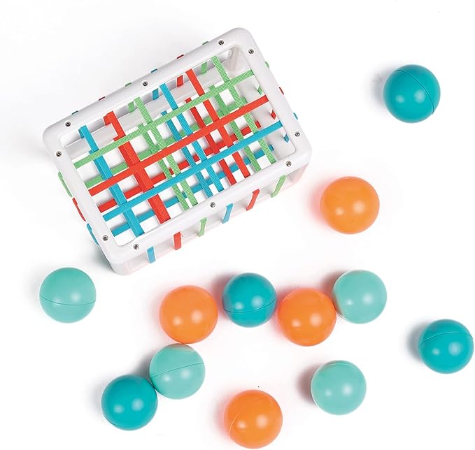 Ludi - Handling Cube - Early Learning Toys for Babies from 10 Months - Develops Thought, Fine Motor Skills, Touch & Discovery - 1 Elastic Cube + 12 Orange & Blue Balls with Funny Sound