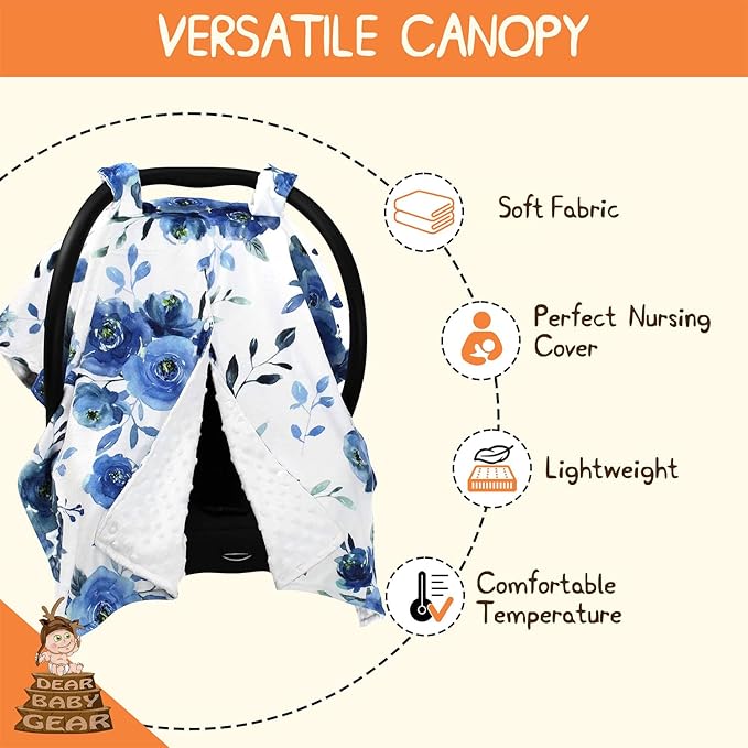 Dear Baby Gear Car Seat Cover for Boys & Girls - Baby Carseat Canopy w/Snap Opening - Infant Seat Cover - Stroller & Nursing Covers - Newborn Carrier Canopy - 40x30"(Blue Watercolor Roses, White Dot)