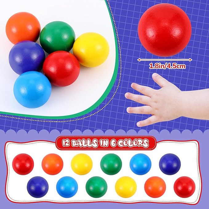 Bucherry 12 Pcs Montessori Wooden Balls 1.8 Inch Wooden Replacement Ball Educational Counting Toys Preschool Learning Material and Stacker Matching(Mixed Color)