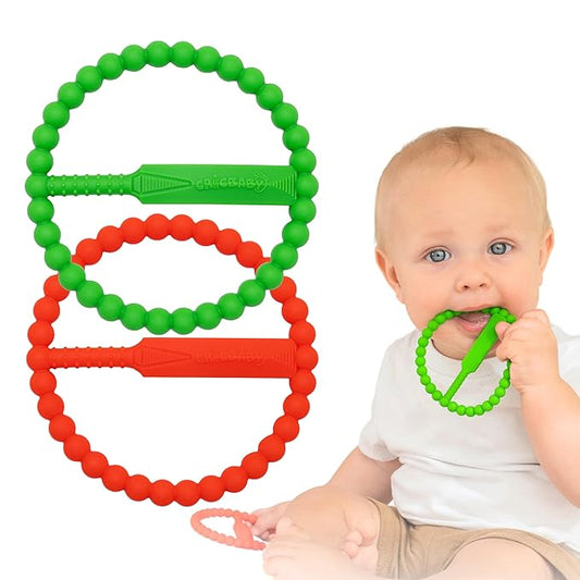 Cricket Baby Teether | 2 Pack Cricket Bat & Ball Shape | Soft Silicone Teething Toy for Babies 0-9 Months | Easy to Hold with 5 Teething Textures | Grass Green & Cherry Red | Certified Safe