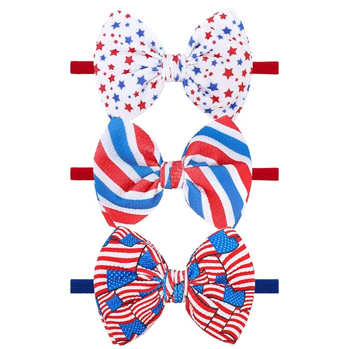 YanJie 4th of July Patriotic Headbands - Red, White & Blue Bows for Newborns, Baby Girls & Toddlers