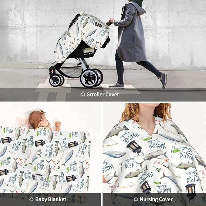Personalized Baby Car Seat Canopy for Babies, Custom Name Baby Car Seats Covers for Boys Girls, Opening Minky Nursing Breastfeeding Cover for Infant, Carseat Canopies for Newborn (Fishing)