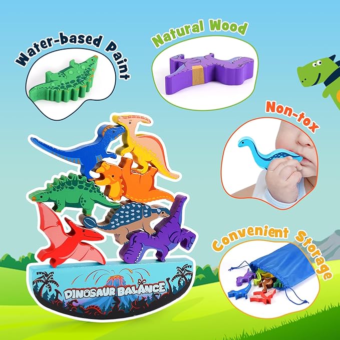 IPOURUP Dinosaur Toys for Kids 3-5: Wooden Stacking Montessori Toys for 3 4 5 6 7 Year Old Balance Competition Game for Family Ideal Christmas Birthday Gifts for Kids Ages 3-7 (Double Version)