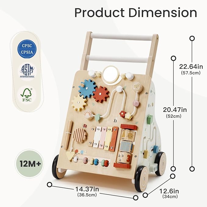 Wooden Baby Walker, Baby Push Walker for Boys and Girls 12 Months+, Adjustable Speed and Height Activity Walker, Montessori Push Toy for Toddler Learning to Walk