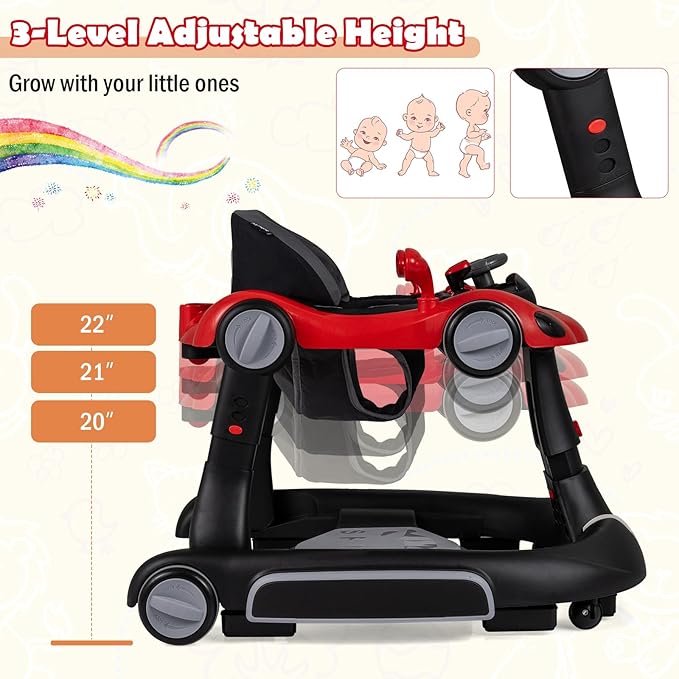 HONEY JOY Baby Walker, 7-in-1 Foldable Baby Bouncer and Rocker Combo, Infant Activity Center w/Canopy, Wheels, Adjustable Height/Speed, Music, Lights, Walker for Baby Boy Girl 7-18 Months (Red)