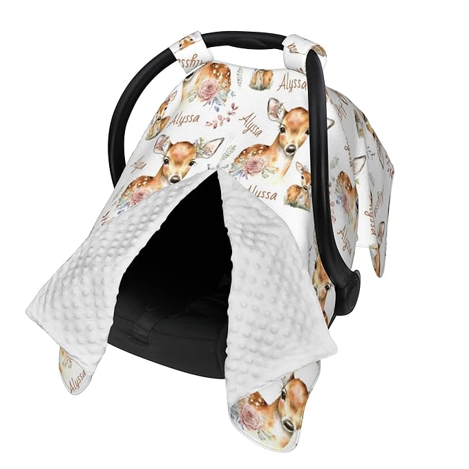 Personalized Winter Carseat Cover for Baby Custom Name Car Seat Canopy for Newborn Baby Boys Girls 2 in 1 Mom Nursing Breastfeeding Covers Deer Minky Baby Carrier Stroller Covers