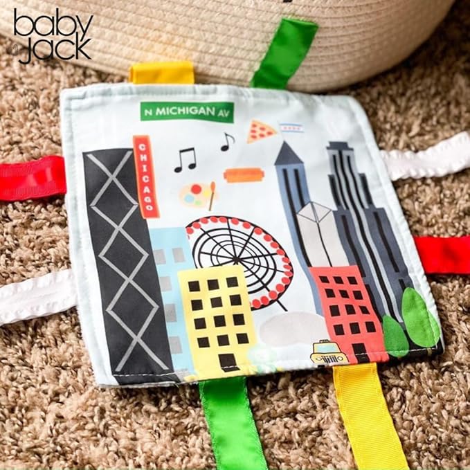 Baby Jack & Co 8x8” Learning Lovey Chicago Illinois Tag Toys for Babies - Baby Crinkle Toys - Soft & Safe - Learn USA Cities and Shapes - Ideal Baby Toy & Gift BPA Free w/Stroller Clip