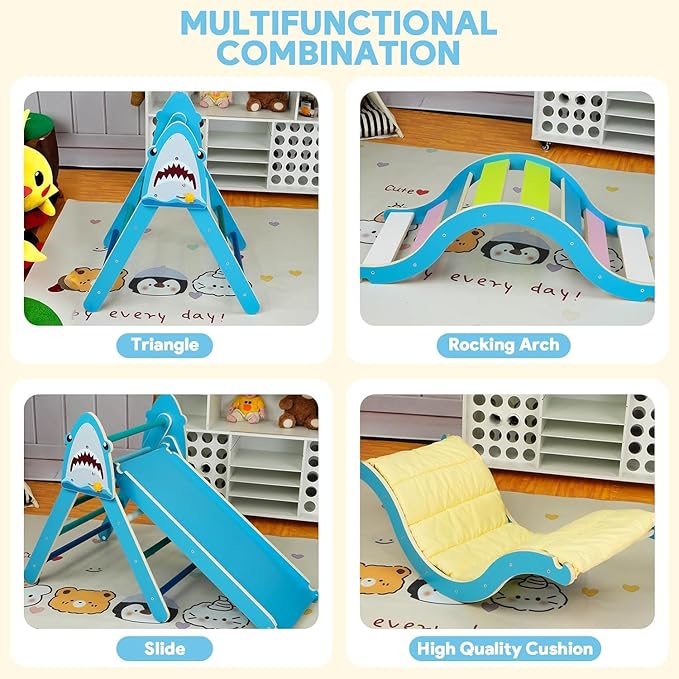 Pikler Triangle Set with Cushion 9 in 1, Climbing Toys for Toddlers 1-3, Montessori Indoor Baby Playground for Safe Motor Skills Development (Blue-Shark-Set)
