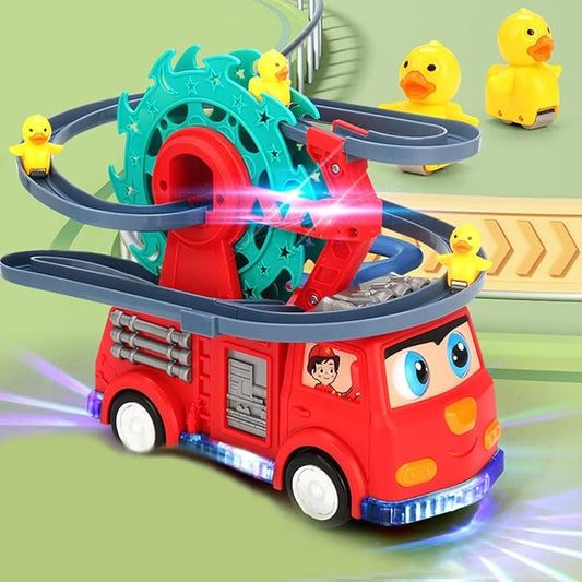 Fire Truck Climbing Slide Music Toy, Electric Fire Truck Climbing Stairs Toy with Slide for Ages 3-8, Fire Trucks Roller Coaster Toys with Lights & Music for Preschool Children's Birthday Gifts (Red)