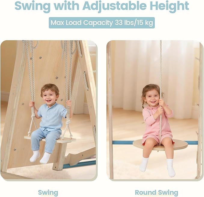 OLAKIDS Indoor Jungle Gym, 9 in 1 Wooden Montessori Baby Climbing Toys with Adjustable 2 Swings Ramp, Monkey Bar Basketball Hoop Ladder Climb Net (Natural)