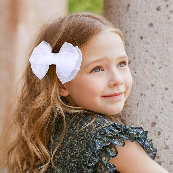 Mesh Hair Bows Clip White 4" Organza Double Tulle Bow Barrettes Alligator Pins for Teens Toddler Flower Girls Wedding Pageant Communion Birthday Party Dress Decorative Accessories