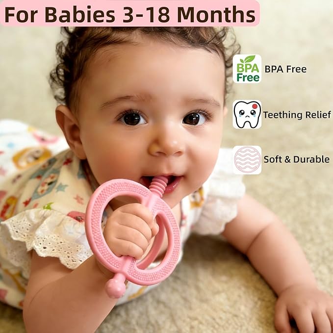 2-Pack Baby Teething Toys, Food Grade BPA-Free Silicone Baby Teether for 3-18 Months, Ring-Shaped Teething Toy for Babies, Multi-Textured Choke-Proof Easy Grip Teether for Infants (Pink&Yellow)