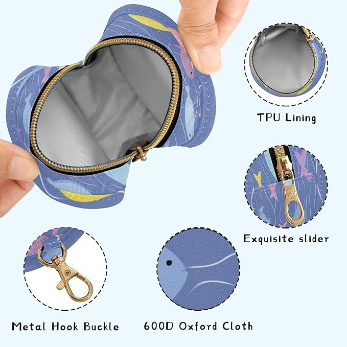 Pacifier Holder with Clip Pacifier Case for Diaper Bag Round Baby Pacifier Pouch Box Bag Portable Blue Fishes and Water Ripple