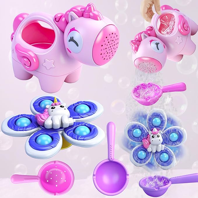 Baby Bath Toys for Kids Ages 1-3, Bathtub Toys for Babies 6-12-18 Months Toddlers, Suction Cup Spinner Toys & Unicorn Watering Can, Sand Beach Pool Water Table Toys for Infants Girls 1 2 3 4(Pink)
