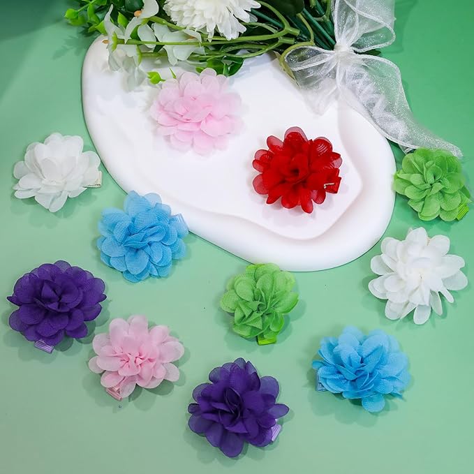 24 PCS 2" Chiffon Flower Hair Bows Clips Artificial Fabric Flower Tiny Baby Hair Clips Fine Accessories for Women Girls Kids (Green)