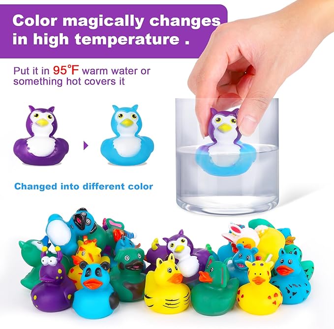 24 Pack Color Changing No Hole Rubber Ducks, Color Change Baby Bath Toys Without Holes for Toddlers Kids Ages 4-8, Floating Toys Gift for Bath, Classroom Party Favors
