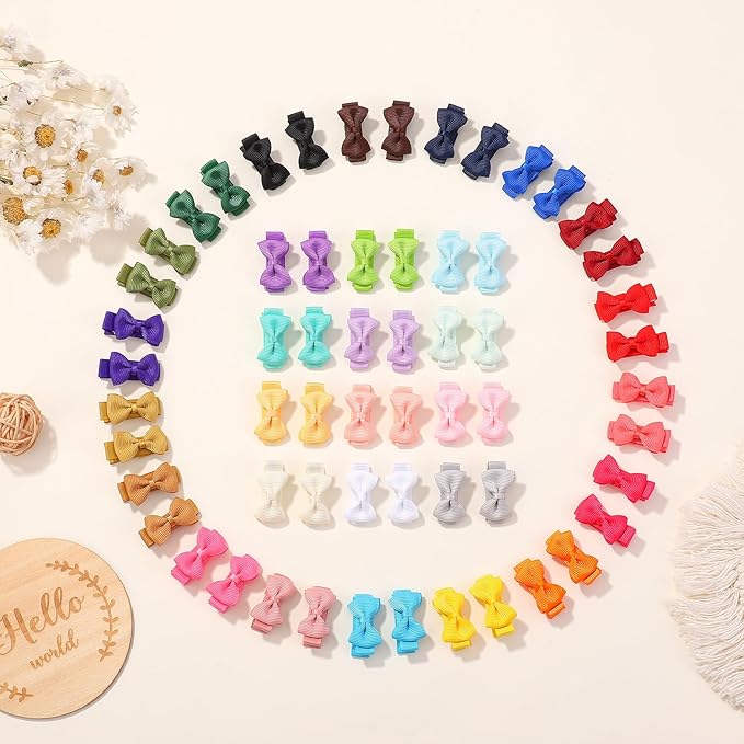 Mini Fully Lined Grosgrain Ribbon Hair Bows Clips for Girls - 1.2" Tiny Bows for Fine Infant Hair, 60PCS (30 Colors in Pairs)