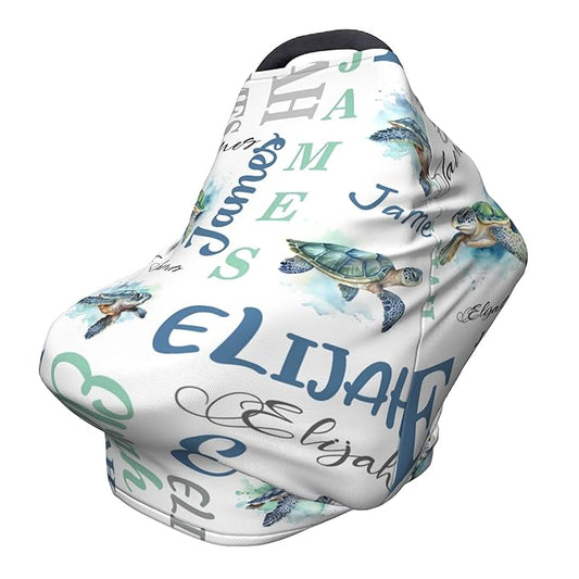 Personalized Baby Car Seat Cover with Name Stroller Canopy Custom Sea Turtle Carseat Cover Newborn Baby Boy Girl Nursing Cover for Moms First Birthday Gift