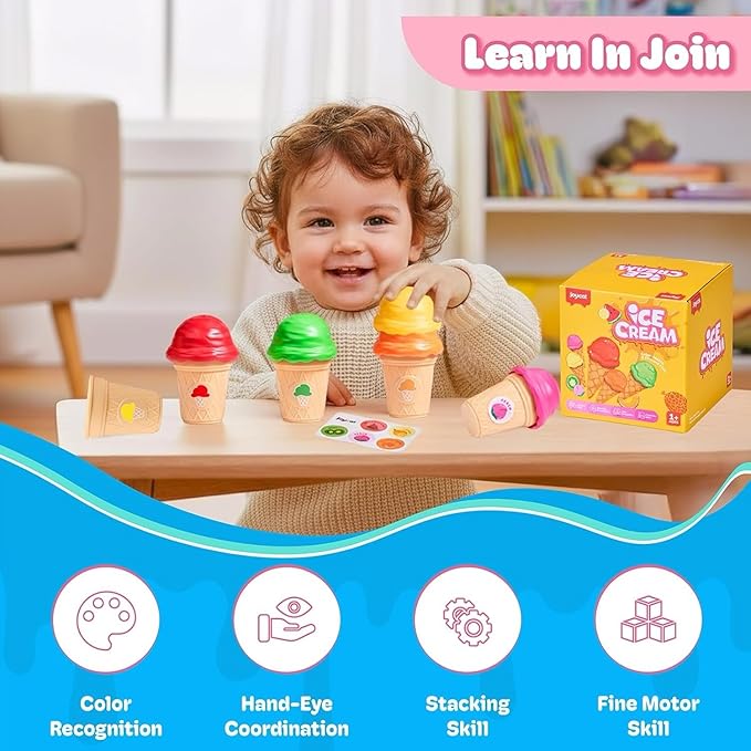 JoyCat Ice Cream Toy Set for Toddlers 1-5, Color Sorting & Stacking Toys, Pretend Play Food for Boy Girls Kids, Educational Fine Motor Skills Gift (5 Cones 5 Scoops)