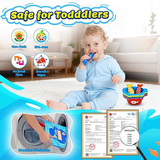 Montessori Toys for 1 Year Old Boy Girl Birthday Gift- Cloth Fishing Game for Toddler1-3 with Stacking Cups Number Color Counting, Learning Educational Toys Baby Toys 12-18 Months
