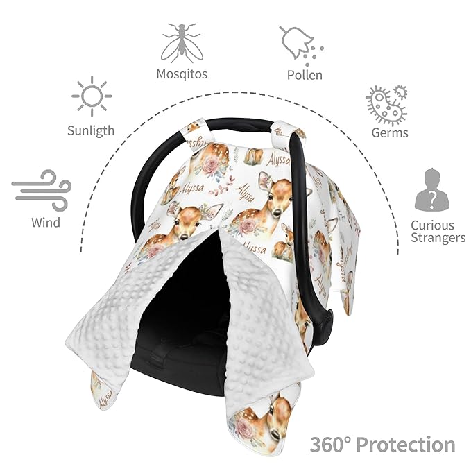 Personalized Winter Carseat Cover for Baby Custom Name Car Seat Canopy for Newborn Baby Boys Girls 2 in 1 Mom Nursing Breastfeeding Covers Deer Minky Baby Carrier Stroller Covers