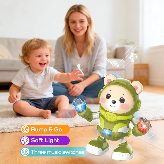 Bear Musical Robot Toy for Toddlers, Baby Musical Easter Green Bear Toy Dancing Crawling Tummy Time Toys, Light Up Infant Toys Birthday Easter Gifts
