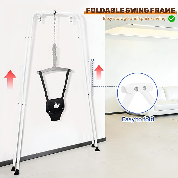 Baby Jumper with Stand, Foldable Activity Jumper for Infants, Height Adjustable Baby Bouncer No Doorway Needed Toddler Jumper, Portable Indoor Outdoor Baby Activity Center for 6-12 Months (Black)