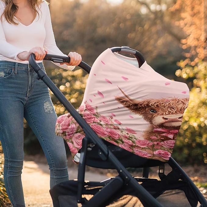 Wanyint Car Seat Covers for Babies Girls Boys, Stretchy Carseat Canopy Soft Baby Breastfeeding Nursing Scarf Infant Stroller Cover for Valentine's Day, Highland Cow Rose Pink