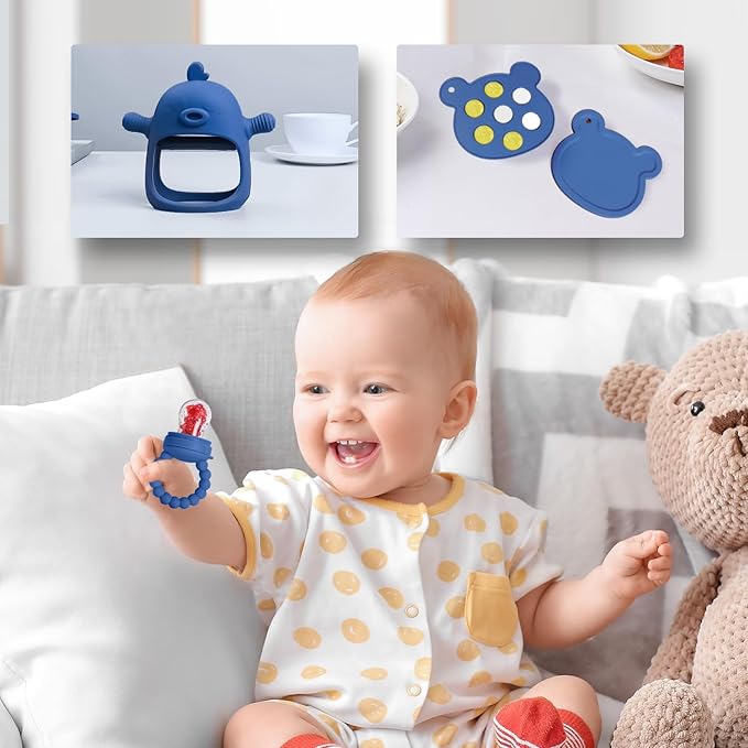 6-in-1 Baby Fruit Feeder Pacifier & Baby Food Feeder Set – Silicone Breastmilk Popsicle Mold with Freezer Tray, Teething Relief Toy, BPA Free Infant Feeder, 3 Sizes (S/M/L) Sacs (Steel Blue)