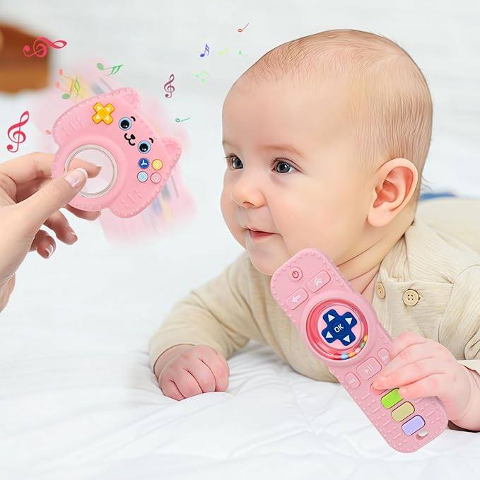 2 Pack Baby Rattles Teething Toy for Babies 3-6 Months, Teething Relief for Infant 6-24 Months, Silicone Teethers TV Remote Boys and Girls Sensory Toy