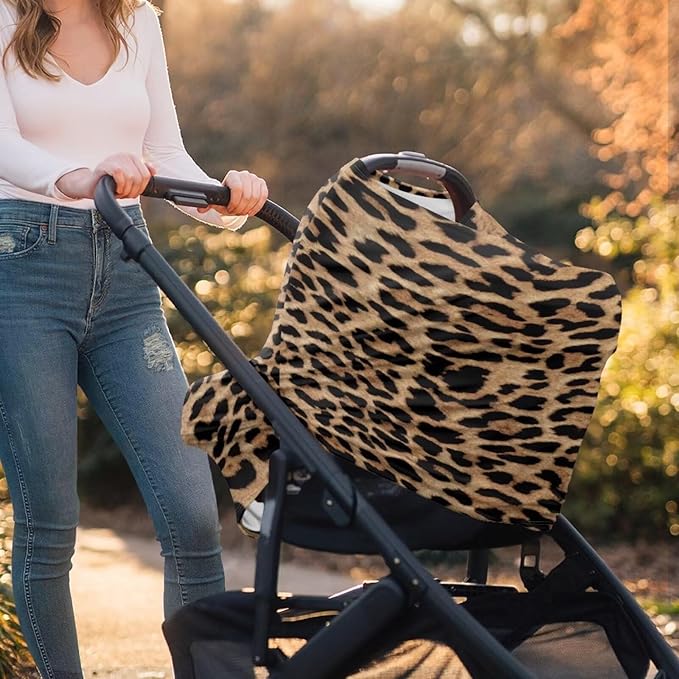 Baby Car Seat Cover Leopard Print Multi-Purpose Soft Rayon Breathable Nursing Cover for Breastfeeding, High Stretchy Infant Unverisal Fit Carseat Canopy, Stroller Cover for Babies