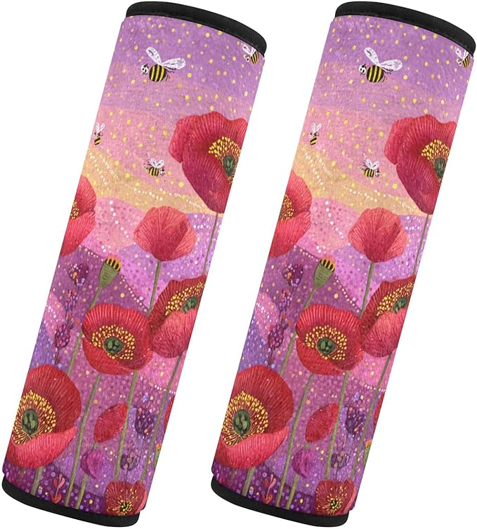 2 Pack Seatbelt Covers Seat Belt Cover Pad for Adults Boys Girls Car Seat Strap Covers Pads Cushion Universal Shoulder Strap Pad Protector for Backpack Camera Bag 6.5 Inch Poppy Flowers and Bees