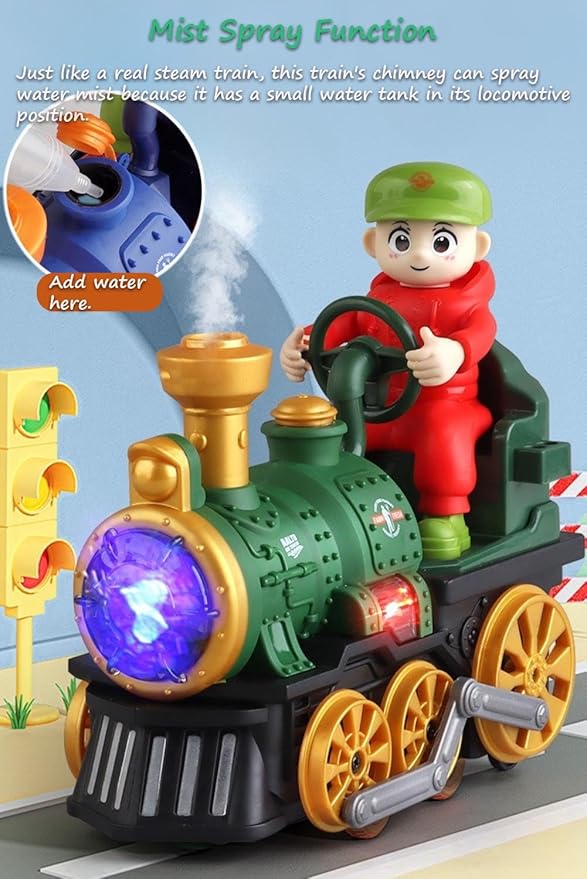 Miracland Electric Spray Steam Retro Train Toy for Toddlers 360° Bump-n-Go, Flashing Lights, Realistic Sounds & Water Vapor, Self-Driving Musical Locomotive, Christmas Birthday Gift for Kids (Blue)