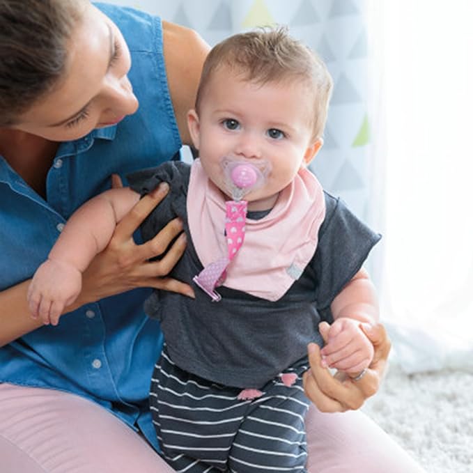 Chicco Two-in-One Pacifier Clip with Loop & Ring Attachment, Loop for Teethers and Small Toys, Ring Included for Knob-Style Pacifiers, Secure Clasp is Gentle on Clothing, One-Piece Design, Pink