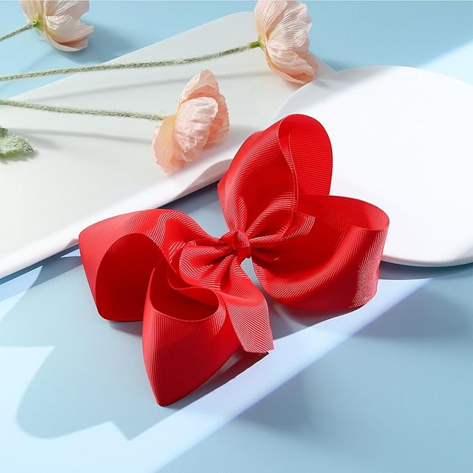 Oaoleer 2PCS 6inch Hair Bows Clips, Red Layered Grosgrain Ribbon Bows Hair Alligator Clips for Baby Girls Infants Toddlers Kids Teens Children