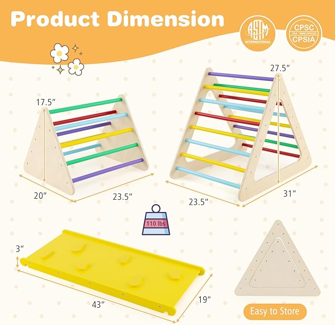 HONEY JOY Pikler Triangle Set, 5 in 1 Montessori Wooden Triangle Climber w/ 2 Stackable Ladders & Climbing Ramp, 3-Piece Baby Indoor Playground Jungle Gym, Climbing Toy for Toddlers, Colorful