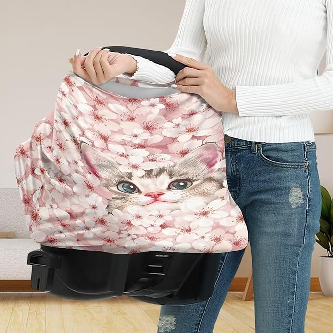 Cat Car Seat Cover for Baby Carseat - Cherry Blossom Infant Car Seat Cover for Sun - Breathable, Soft and Lightweight Car Seat Canopy