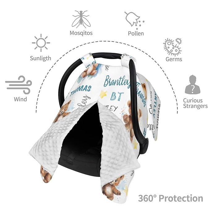 Personalized Baby Car Seat Cover Winter Custom Minky Carseat Cover Boy Girls with Name Bear Carseat Canopy Customized Car Seat Canopy Infant Carrier Covers Nursing Cover Toddler Blanket