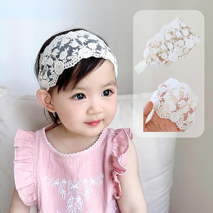 Lace White Bow-knot Baby Girls Headband Birthday Shower Infant Wrap Elastic Flower Baby Turban Hairband for Newborn Infant Toddler Kids (Flower, Elastic)