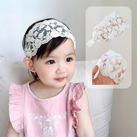 Lace White Bow-knot Baby Girls Headband Birthday Shower Infant Wrap Elastic Flower Baby Turban Hairband for Newborn Infant Toddler Kids (Flower, Elastic)