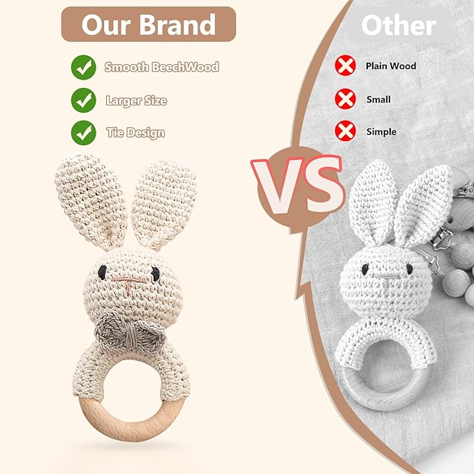 Wooden Baby Rattle, Handcrafted Crochet Bunny Rattles with Wooden Teething Ring, Beige Rabbit Newborn Toy Stuffed Animal Organic Rattle Baby Announcement Ideas Props
