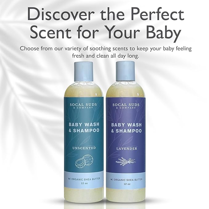 SoCal Suds & Company Baby Body Wash & Shampoo - Shea Moisture for Sensitive Skin - Fragrance Free Hair & Body Soap - Gentle Bath Products for Toddlers & Babies - 2 Pack Fragrance Free12oz Bottles